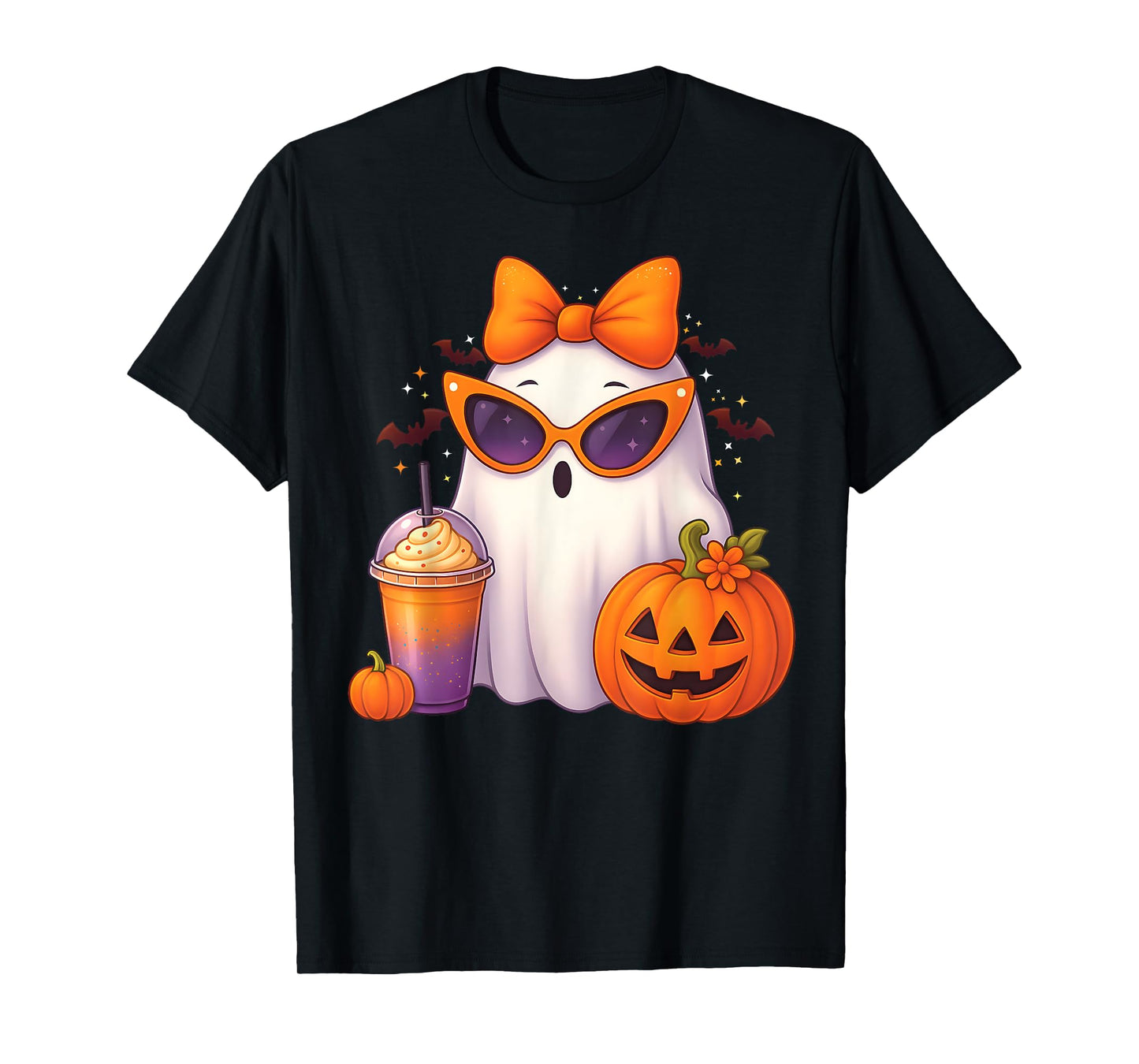 Spooky Cute Ghost Drinking Pumpkin Iced Coffee Halloween Bow T-Shirt