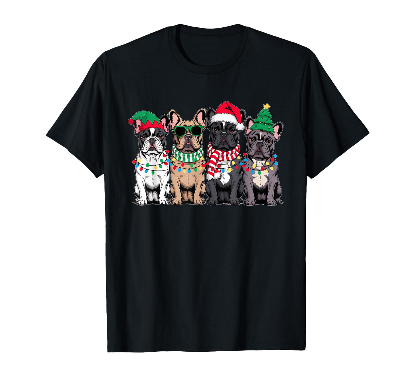 Four French Bulldog Dogs Christmas Funny Santa Reindeer Xmas T-Shirt