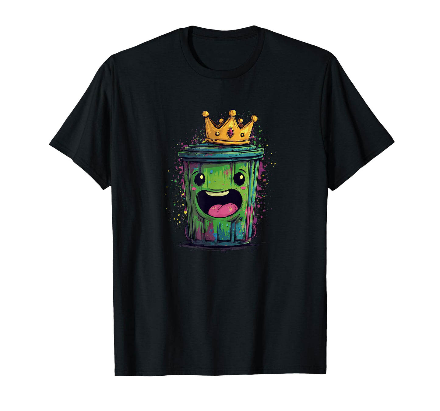 Colorful Trash Can with Face and Funny Crown T-Shirt