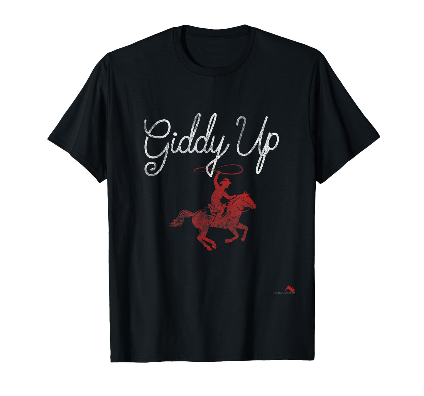 Rodeo Round Up Apparel Giddy Up T-Shirt - Unisex-Adults, Black, Small, Short Sleeve, Vintage, Cowgirl, Vacation