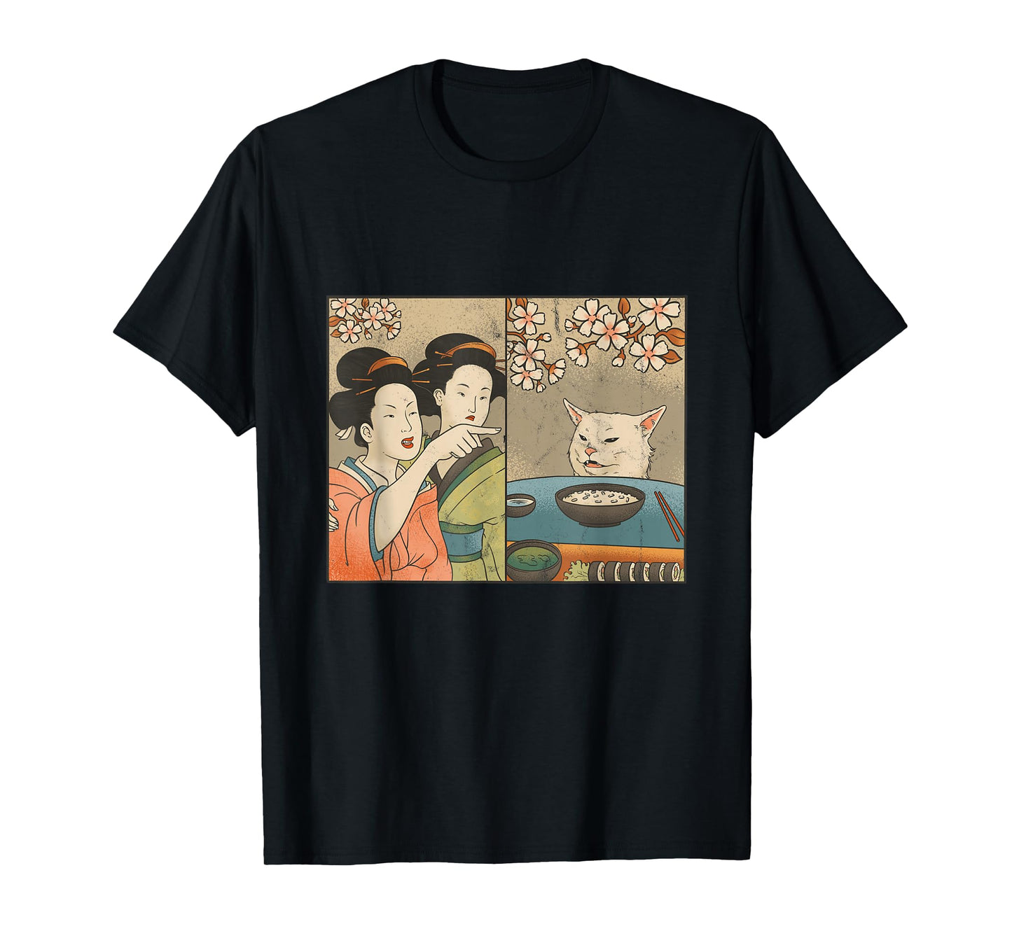 Japanese Art Cherry Blossom Cat and Sushi T-Shirt