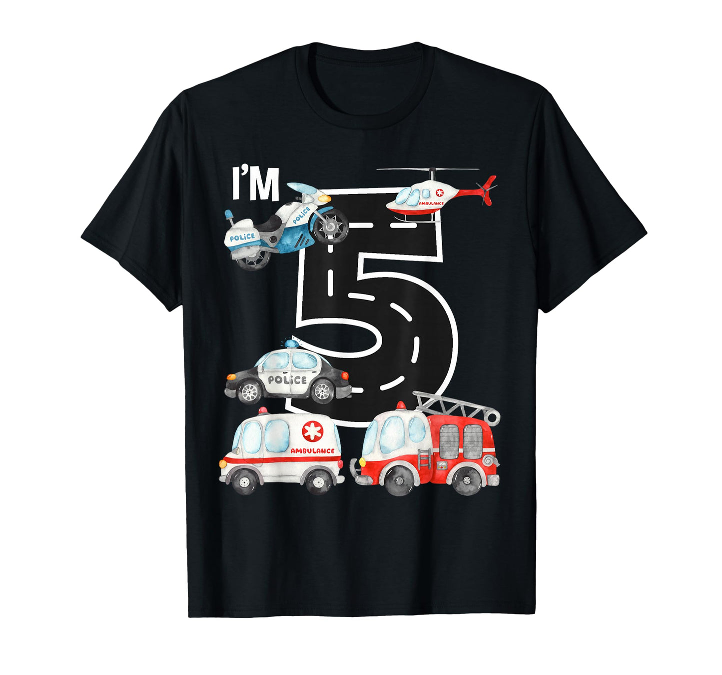 Emergency Vehicles 5th Birthday Fire Truck Police Car Boys T-Shirt