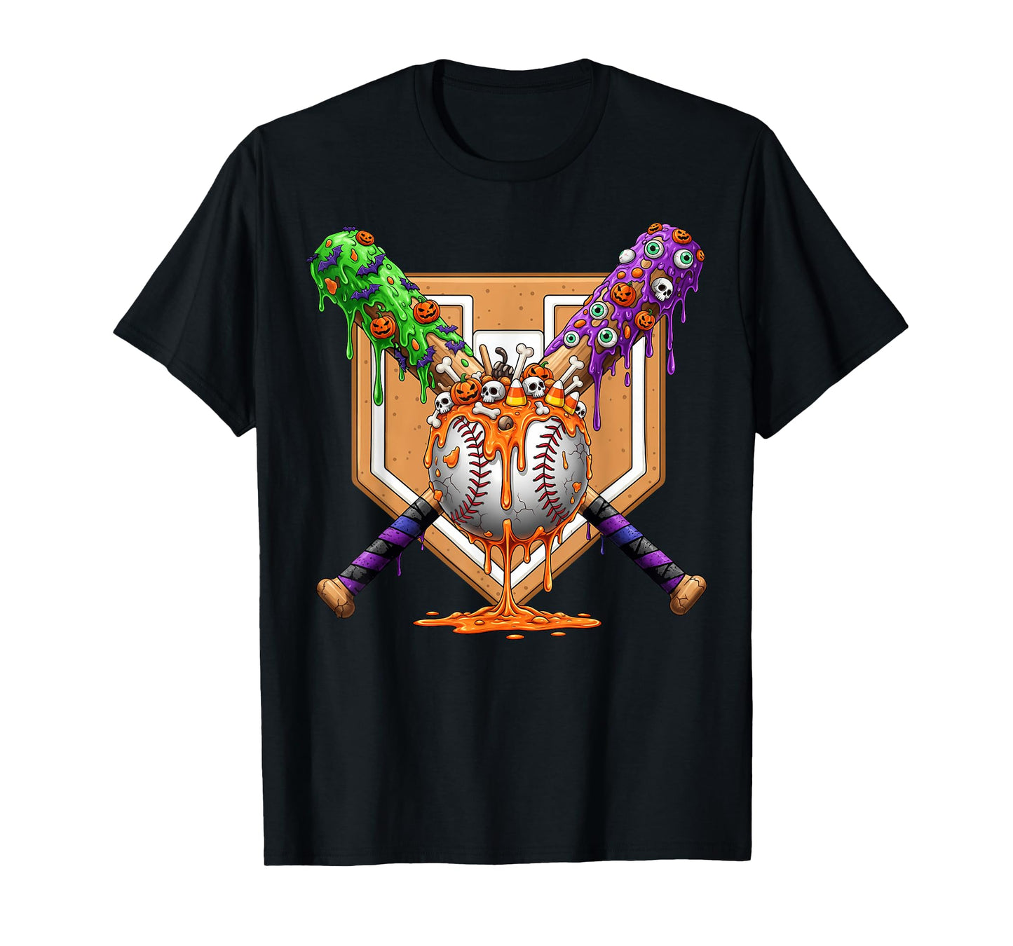 Spooky Baseball Ice Cream Drip Home Plate Dripping Halloween T-Shirt