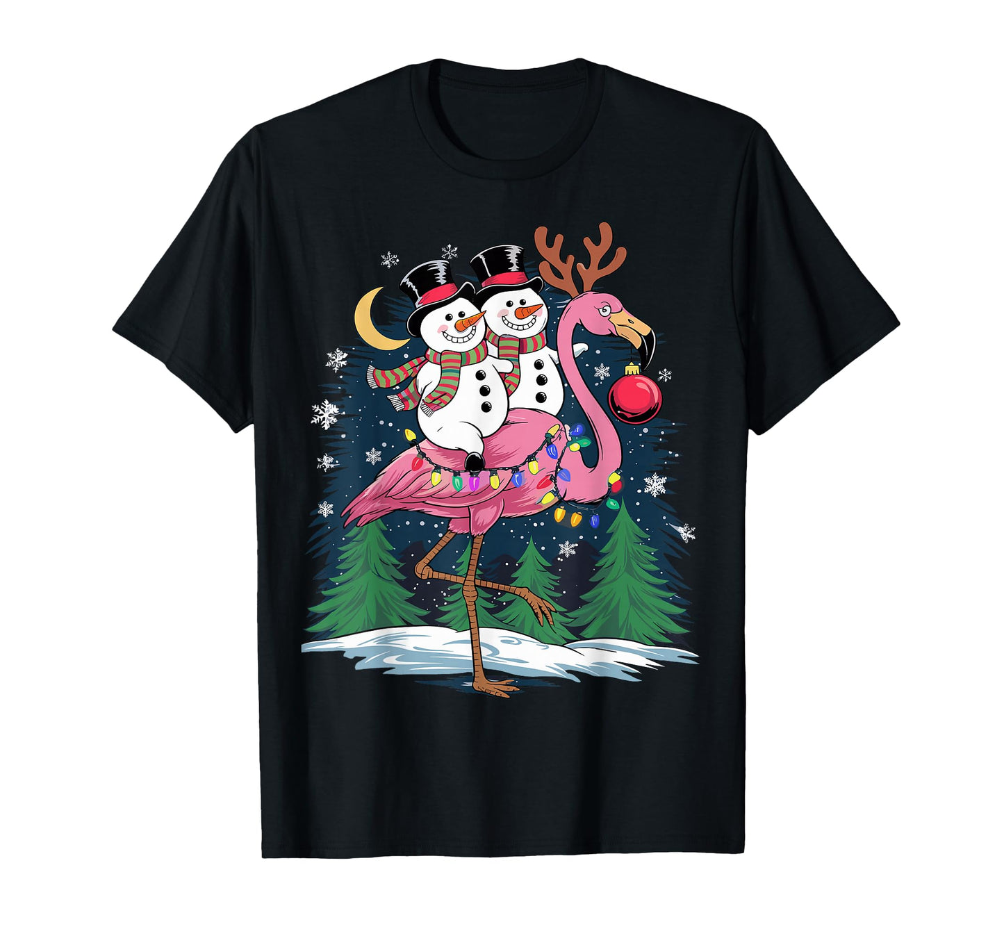 Christmas Snowman Riding Flamingo Xmas Girls Women T-Shirt