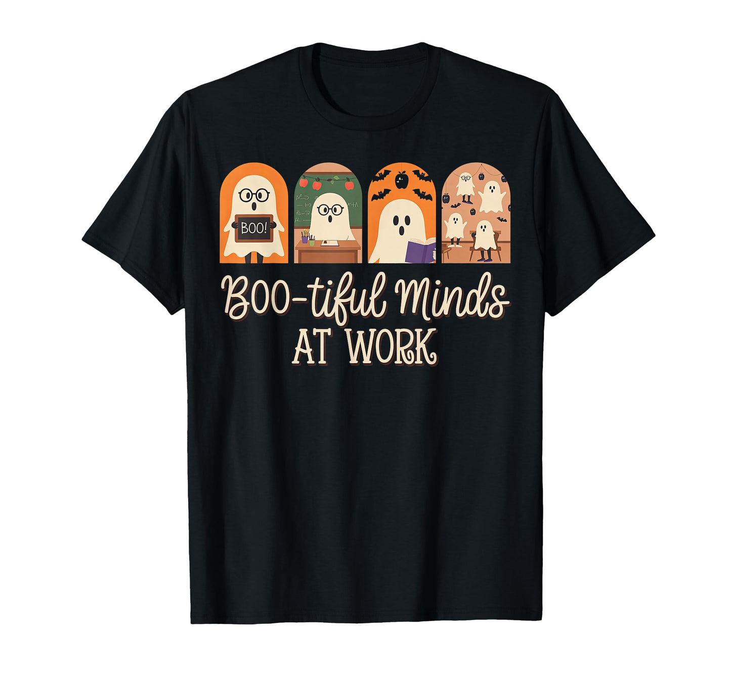 Cute Halloween Teacher Pun Funny Boo-Tiful Minds at Work T-Shirt