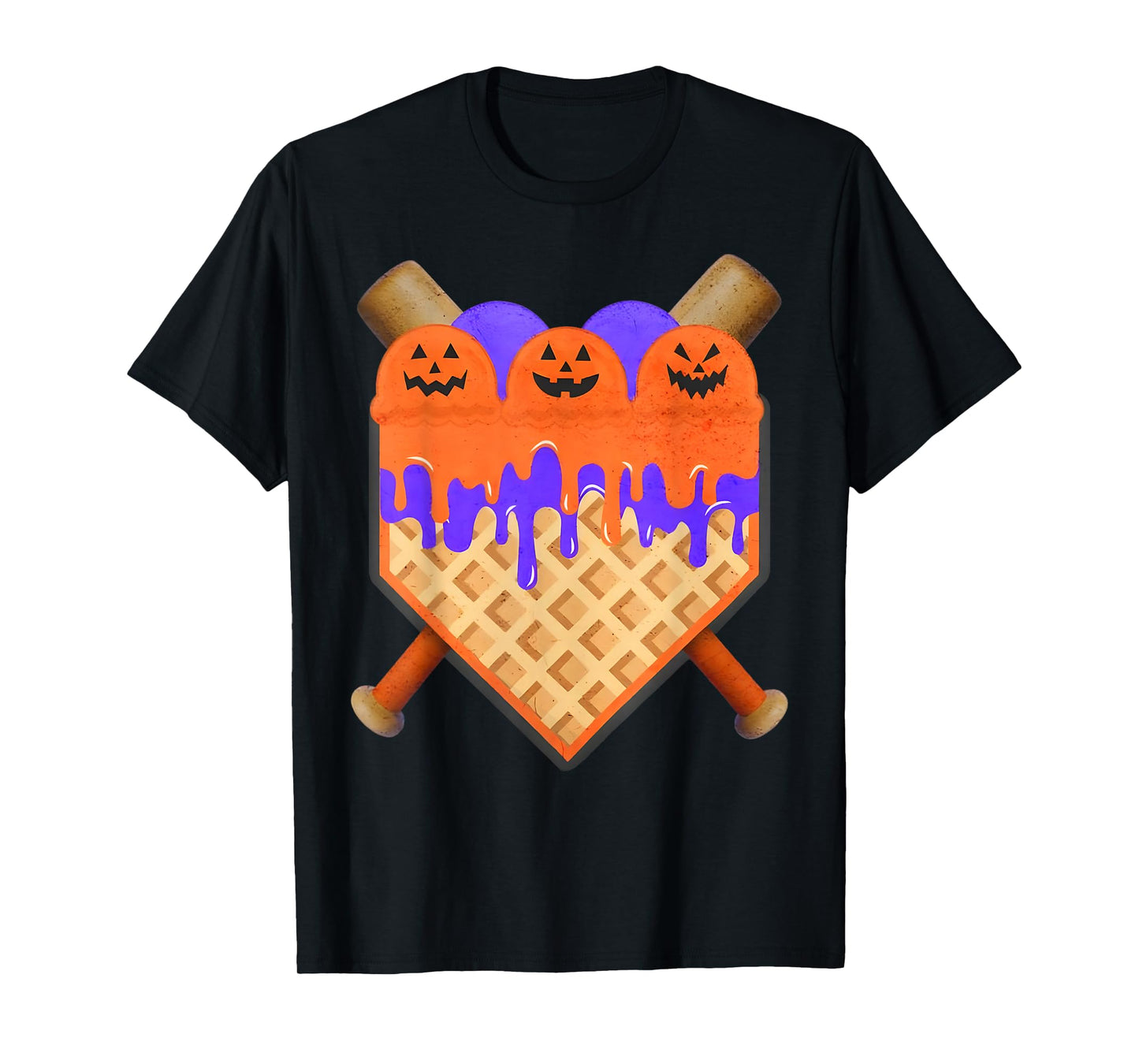 Baseball Home Plate Ice Cream Drip with Pumpkin Faces T-Shirt
