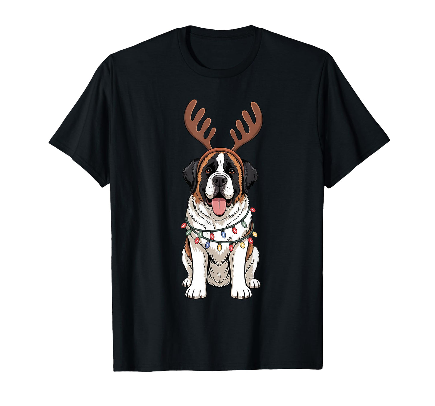Saint Bernard Dog Christmas Reindeer Lights Funny Xmas T-Shirt
