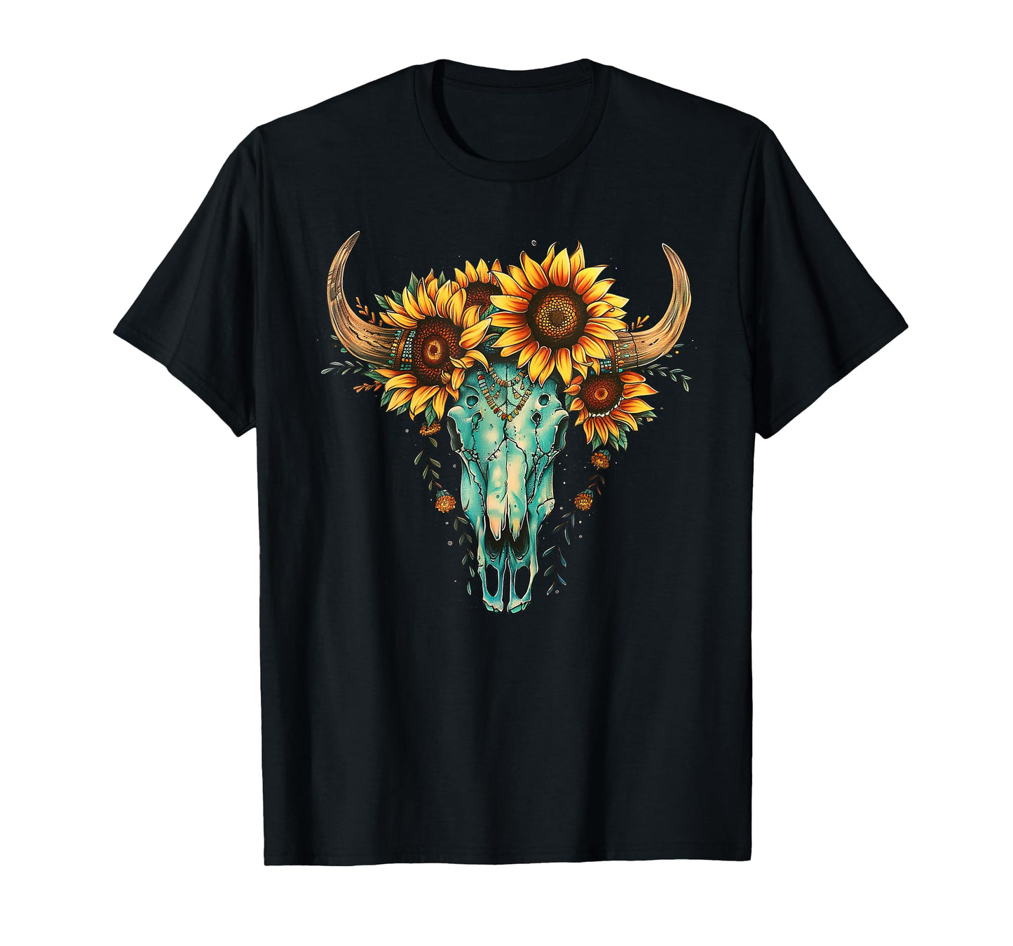Vintage Boho Skull Western Sunflower Turquoise Bull Skull T-Shirt