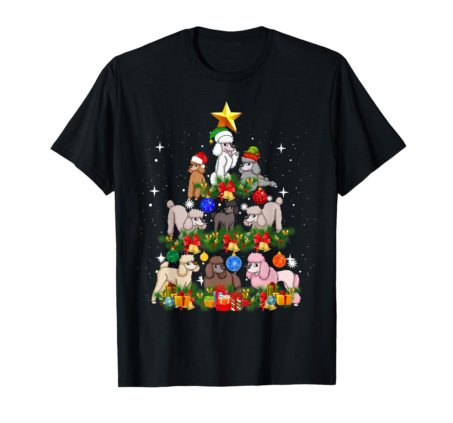 Funny Poodle Christmas Tree Santa Hat Xmas Holiday Costume Men Women Kids T-Shirt