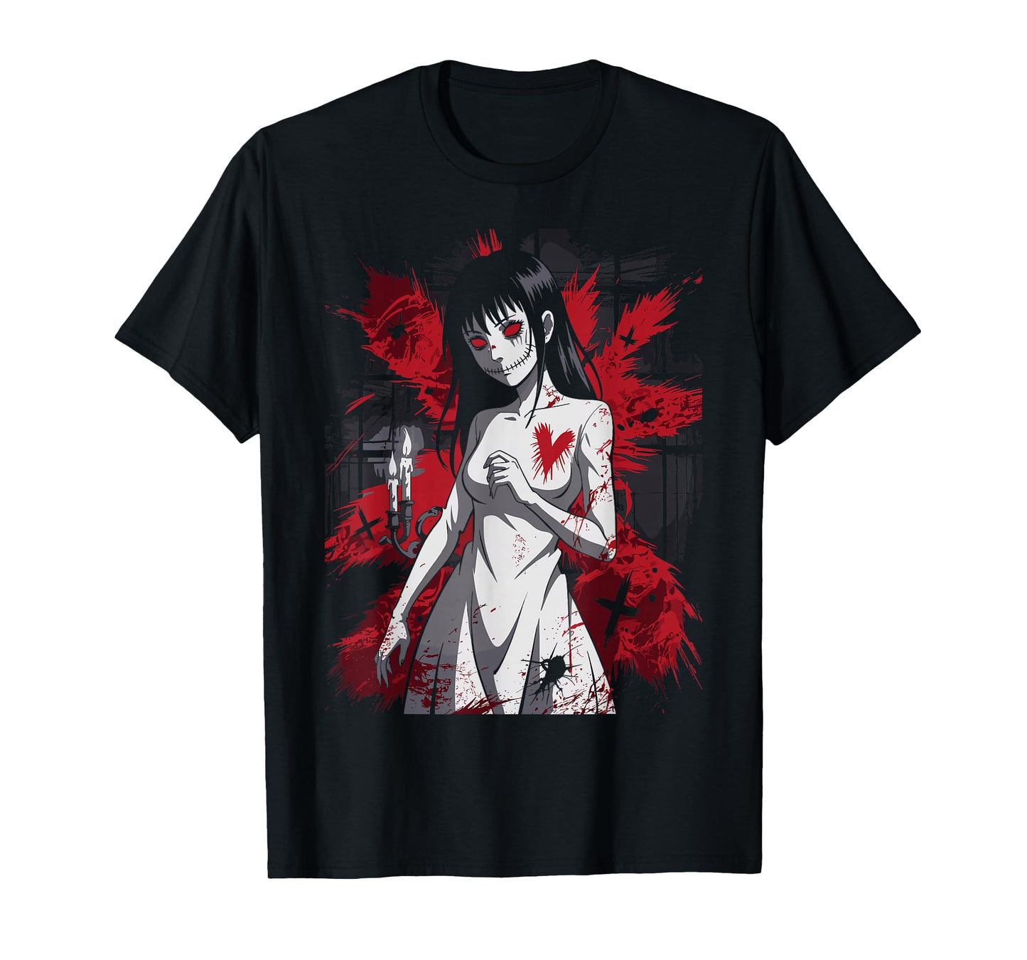 Creepy Anime Girl Horror Gothic Bloody Heart T-Shirt