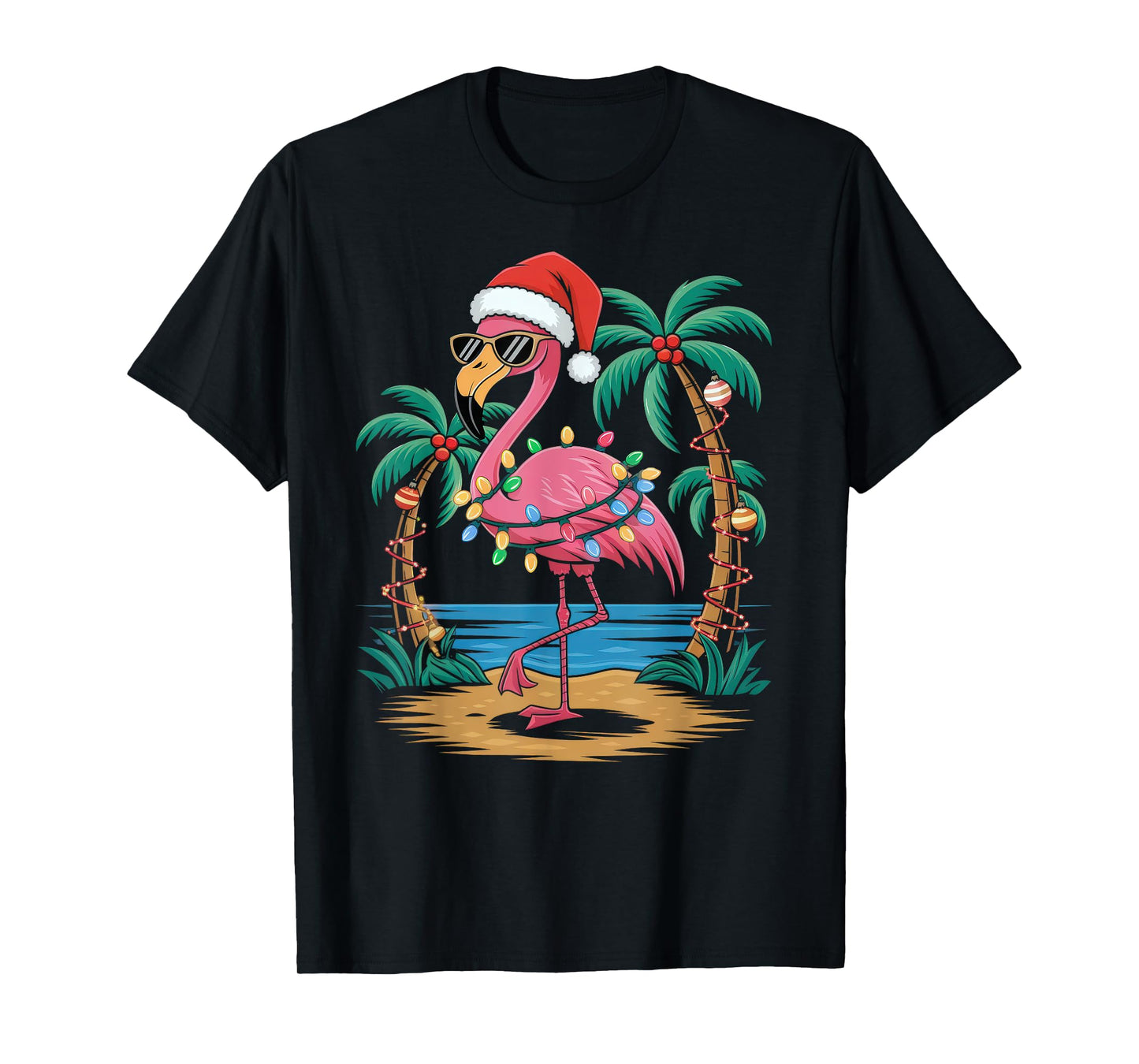 Santa Flamingo Christmas Lights Tropical Palms Tree Beach T-Shirt