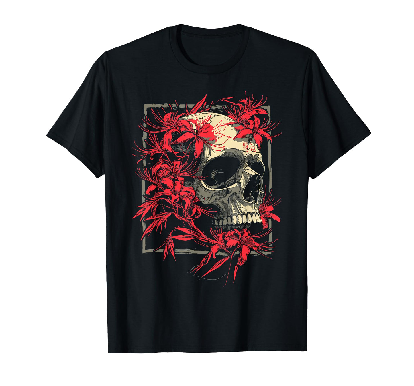 Red Spider Lily Flower Skull Skeleton Japanese Anime Otaku T-Shirt