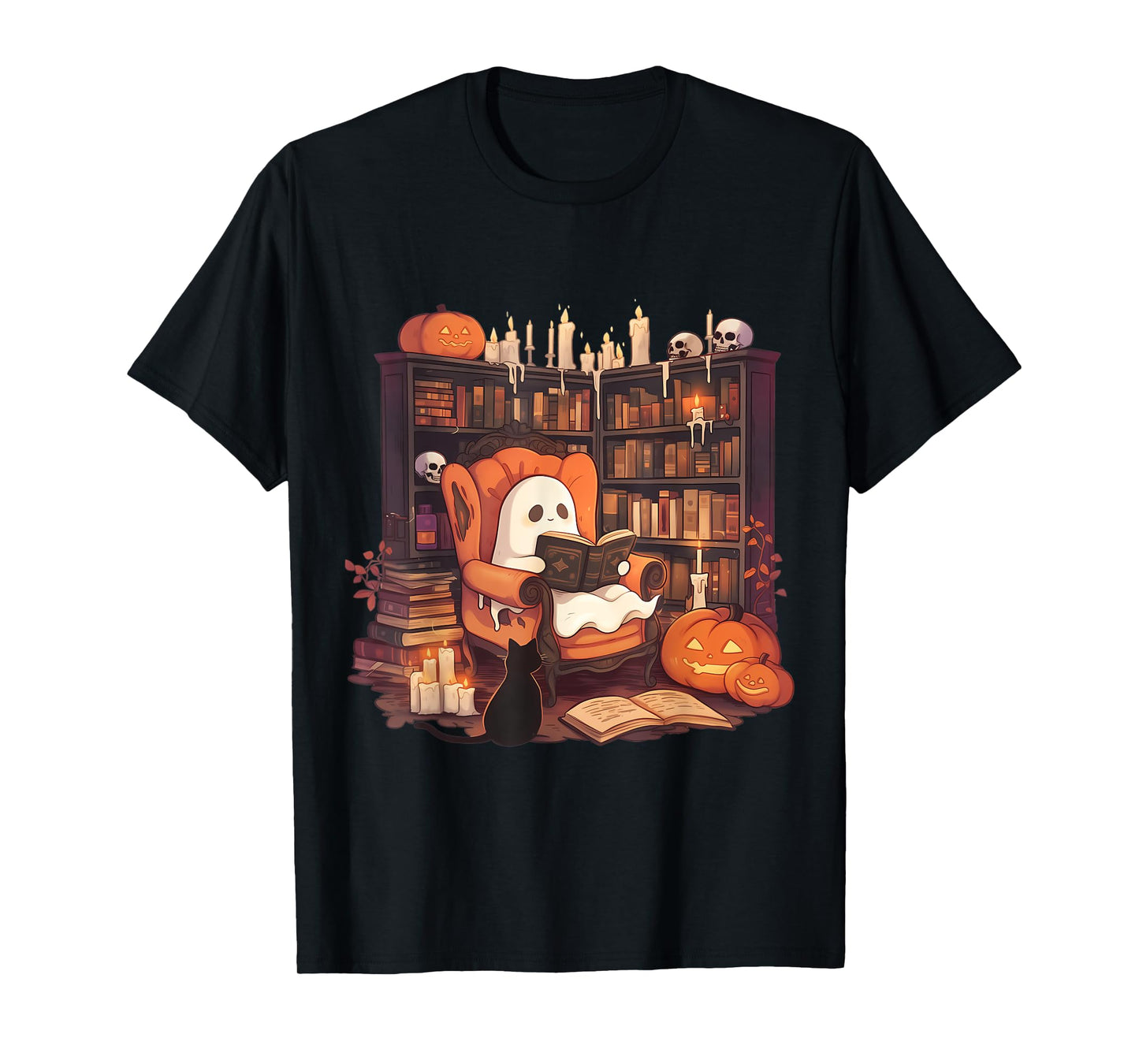 Retro Ghost Reading Books With Black Cat Librarian Halloween T-Shirt