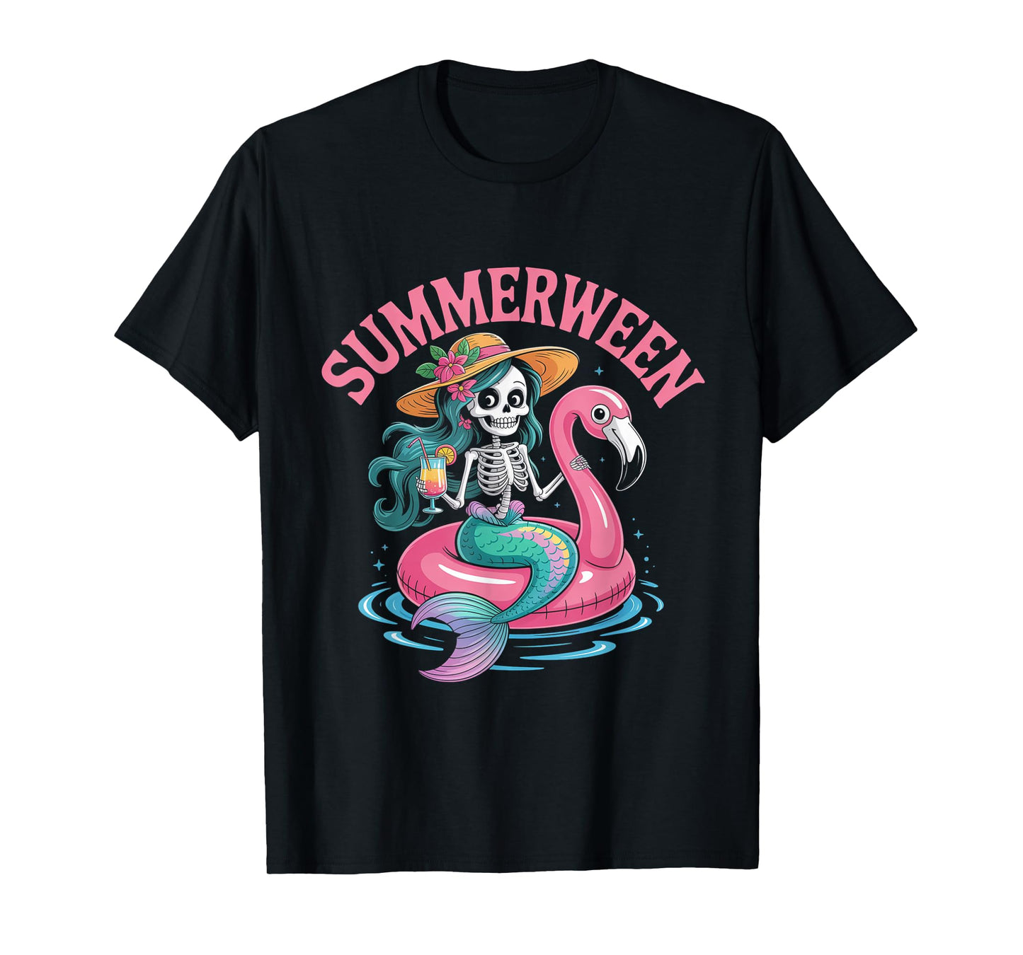 Summerween Mermaid Skeleton Beach Flamingo Halloween Girl T-Shirt