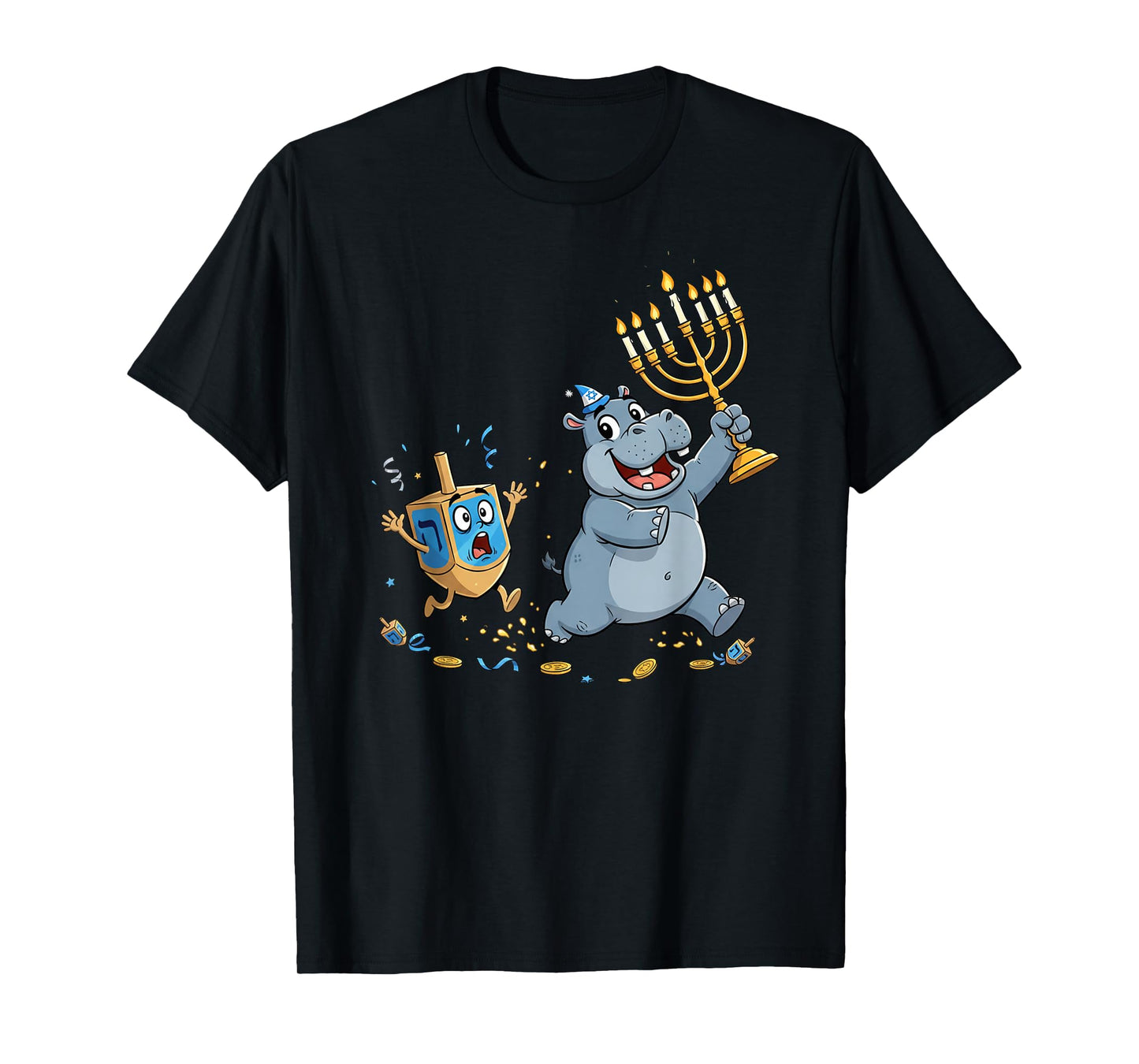 Funny Hippo Dreidel Menorah Hanukkah Kids Womens Mens T-Shirt