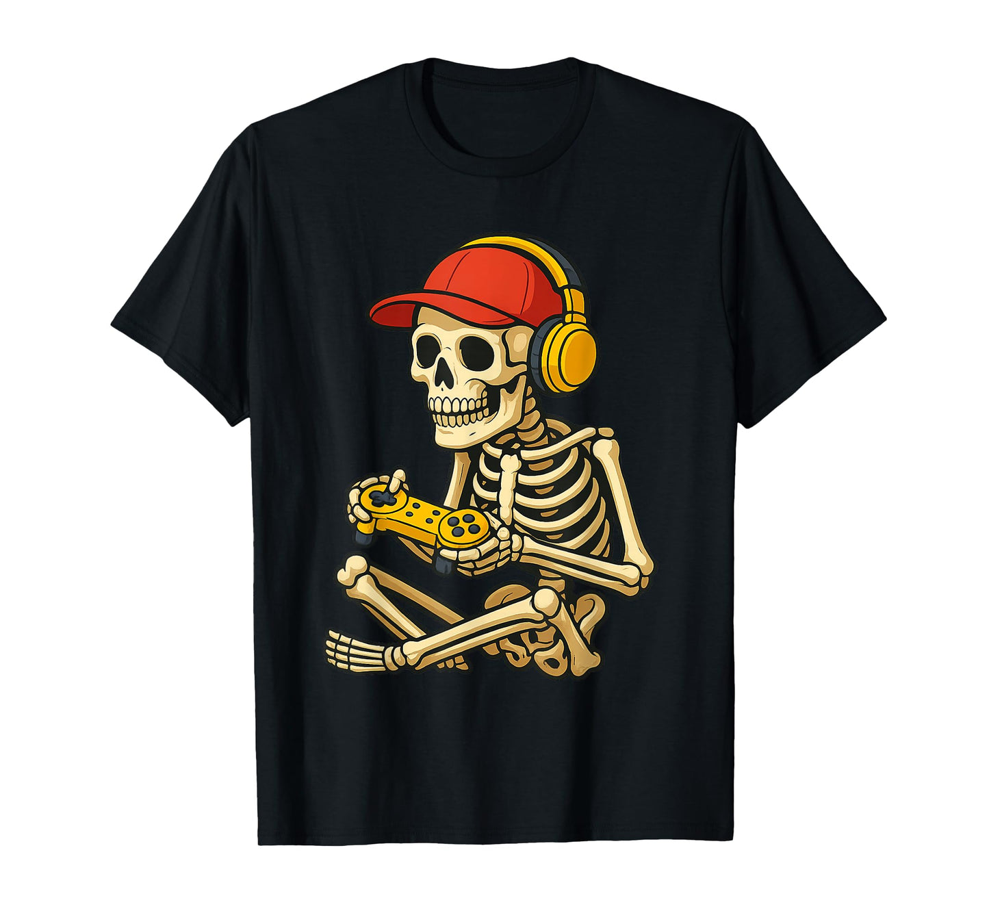 Funny Gaming Skeleton with Cap Headphones and Controller T-Shirt