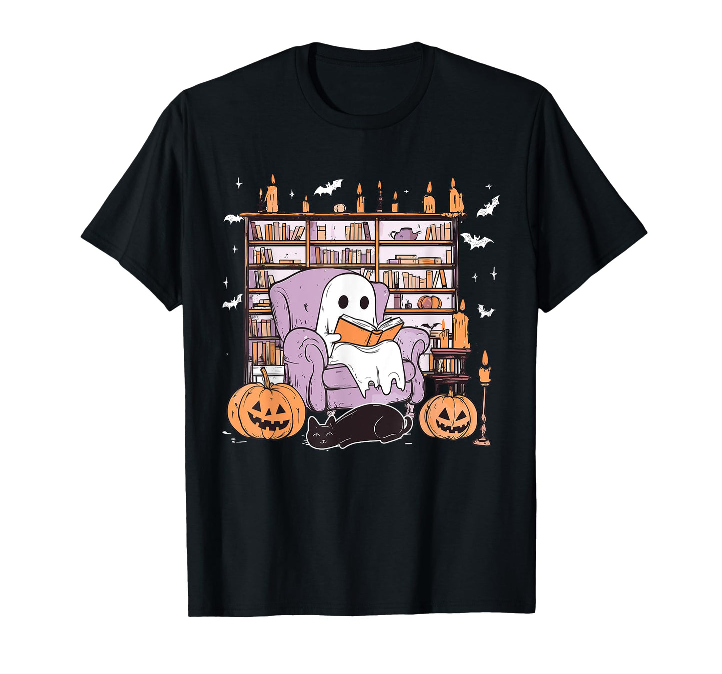 Ghost Reading Books Librarian Ghost Halloween Teacher Womens T-Shirt