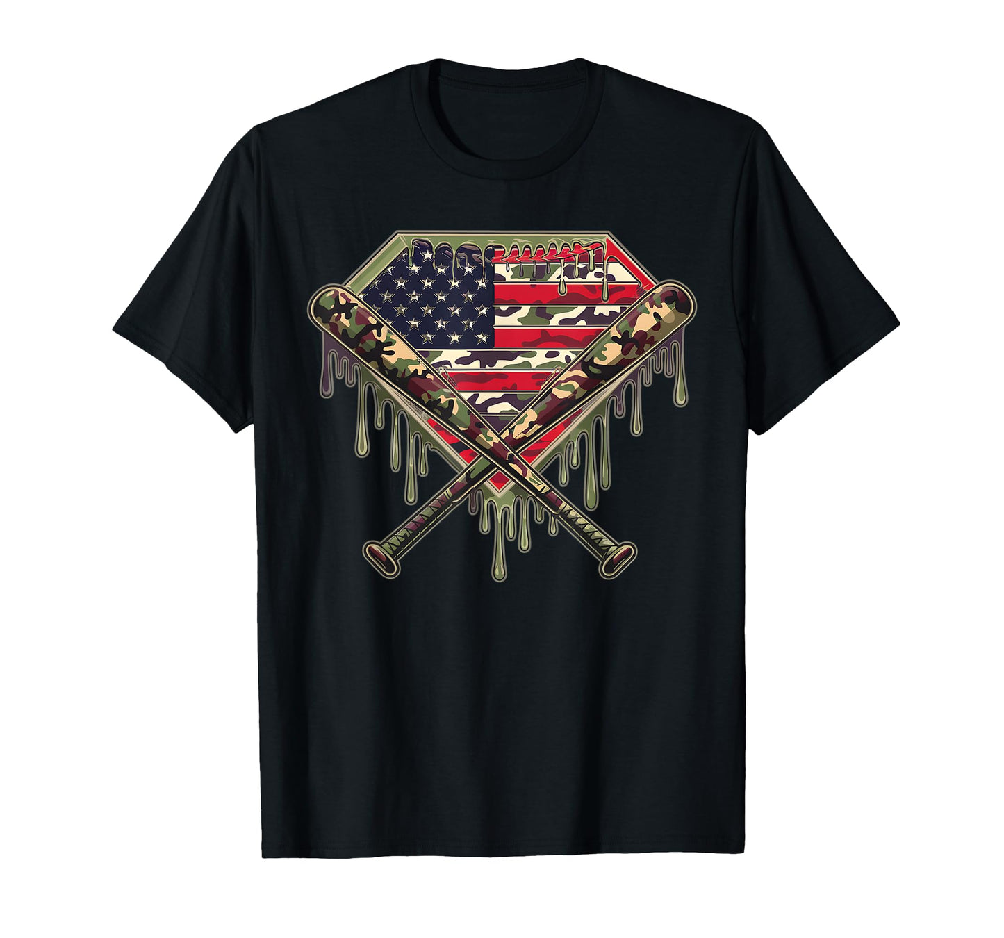 Baseball Home Plate Drip Baseball Ice Cream Flag US Matching T-Shirt
