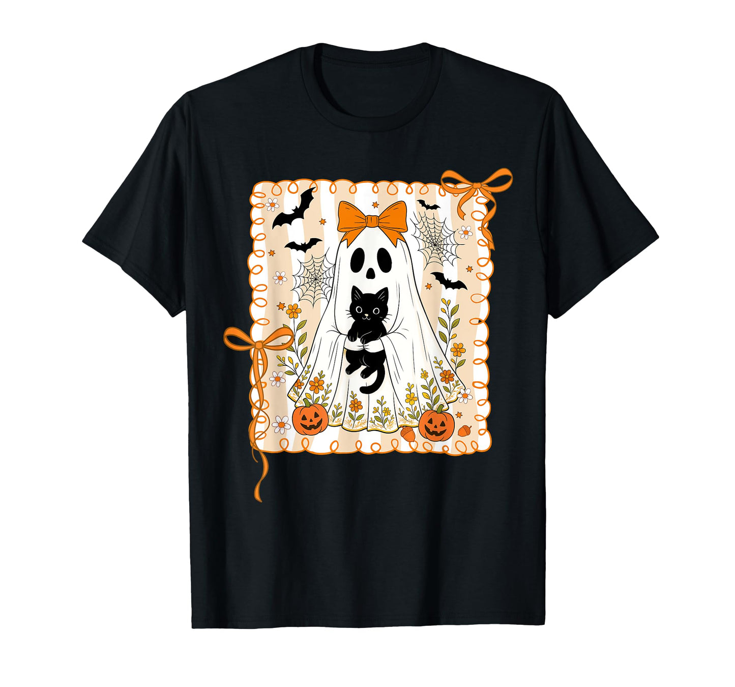 Spooky Ghost Holding Black Cat Halloween Coquette Bow T-Shirt