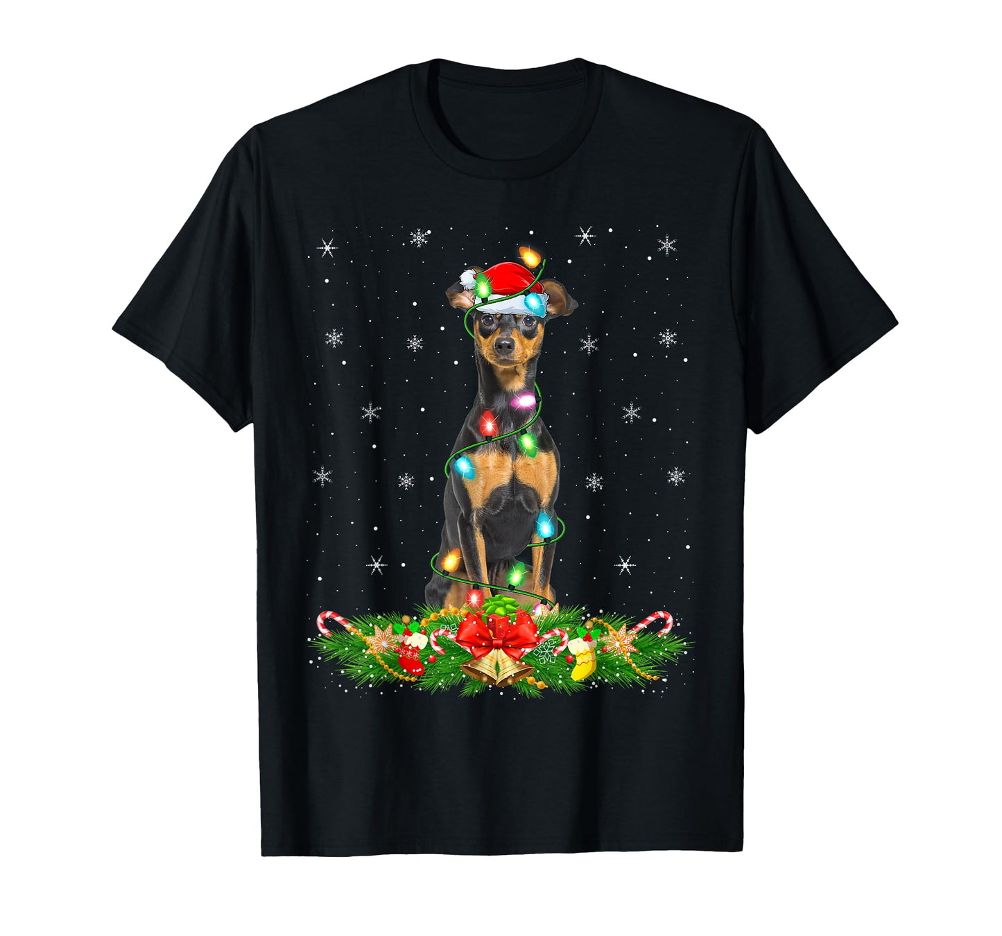 Lighting Xmas Santa Miniature Pinscher Dog Christmas T-Shirt