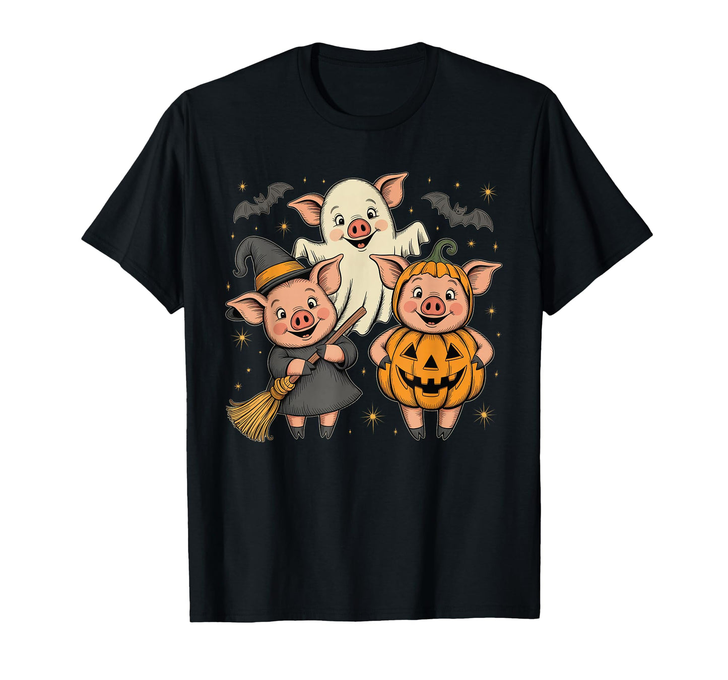 Three Halloween Pigs Cosplay Witch Boo Carved Pumpkin T-Shirt