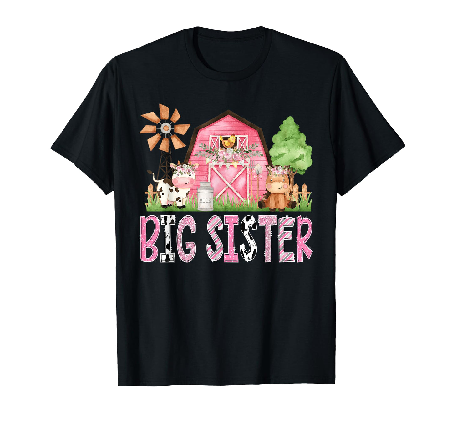 Big Sister Pink Farm Cow Kids Birthday Matching Family T-Shirt