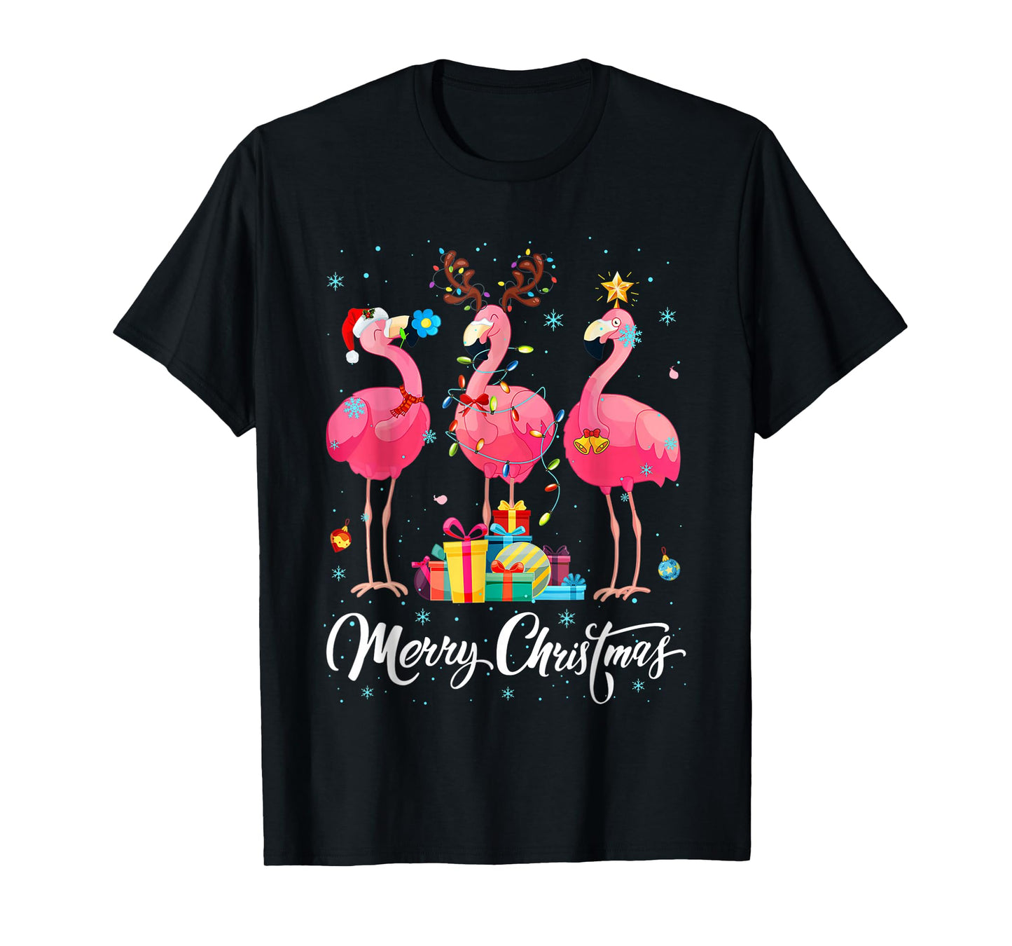 Merry Christmas Hat Santa Flamingo Light Christmas Snow Xmas T-Shirt