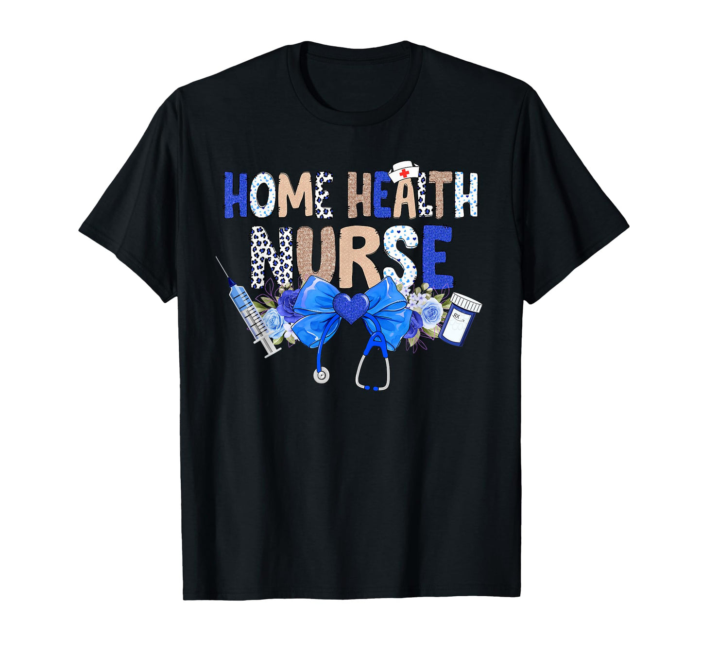 Cute Coquette Home Health Nurse Blue Floral Stethoscope Bow T-Shirt