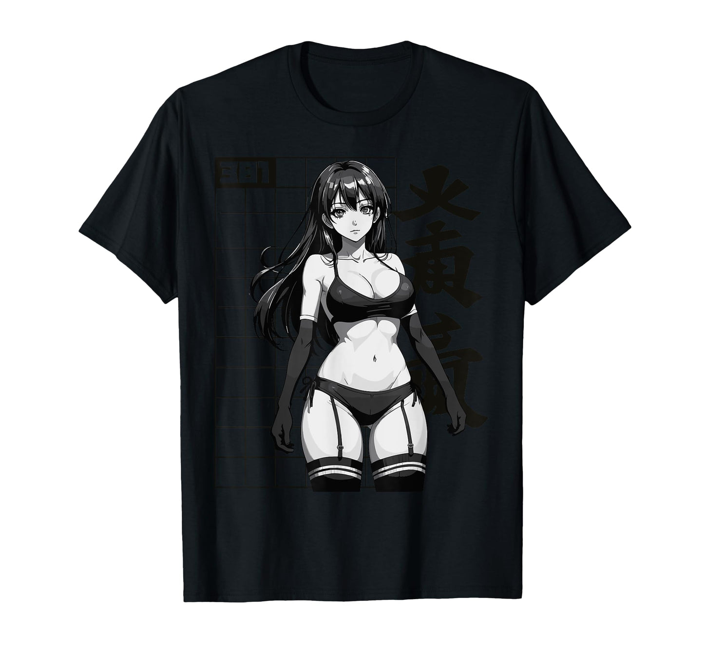 Sexy Waifu Otaku Anime Girl Japanese in Black and White Art T-Shirt
