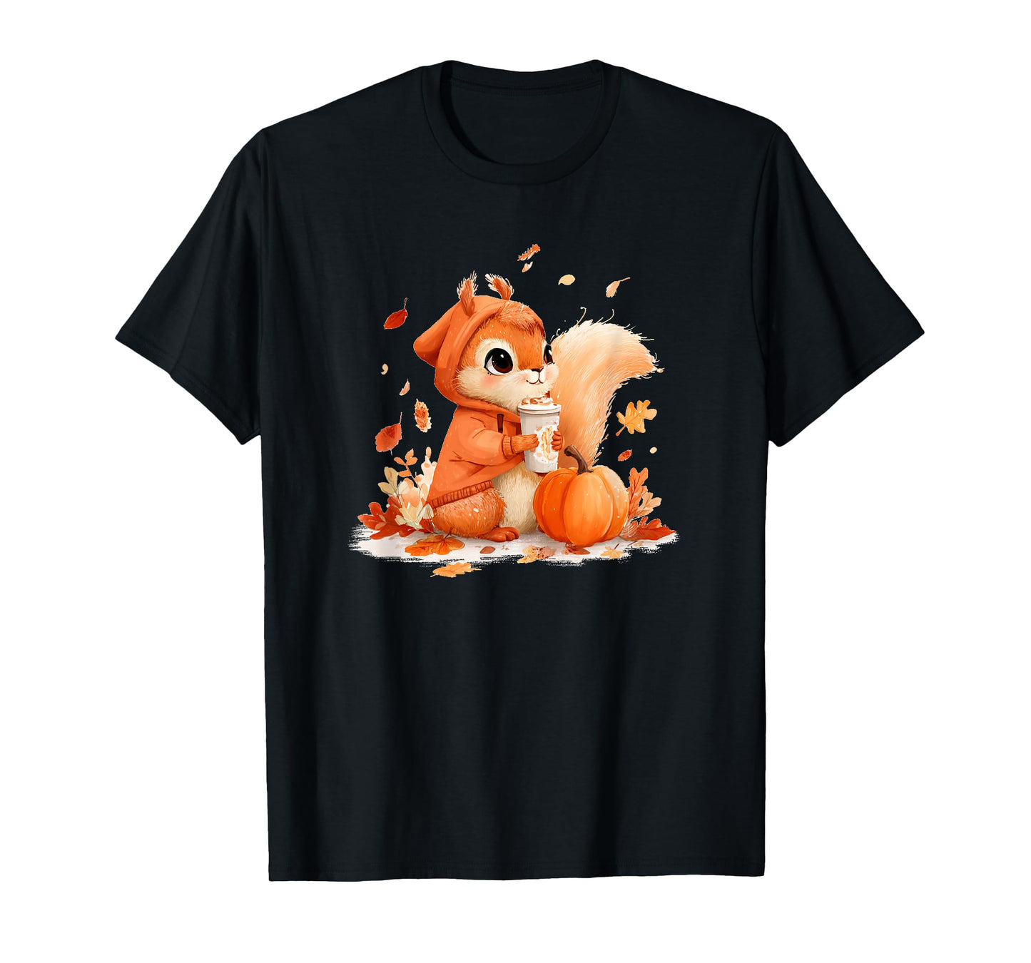 Funny Squirrel in Falling Leaves with Coffee Costume T-Shirt