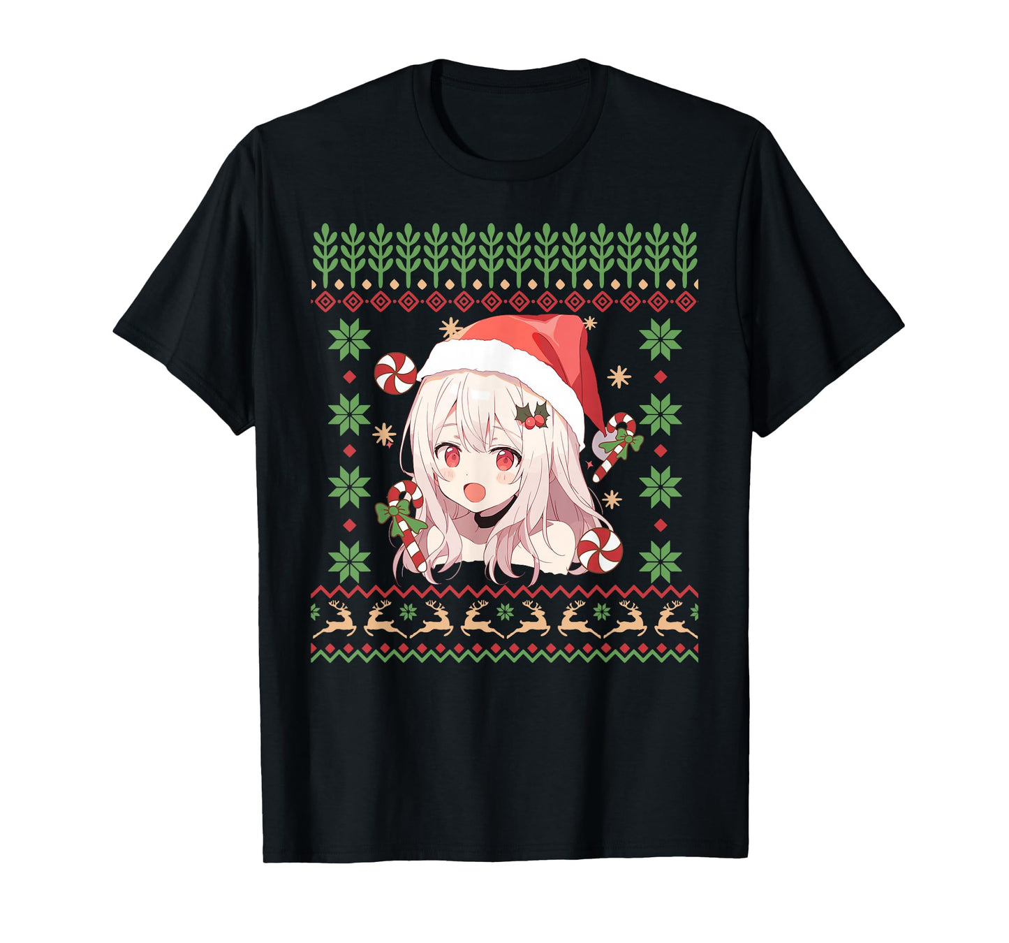 Cute Anime Girl Santa Hat Ugly Sweater Anime Otaku Christmas T-Shirt