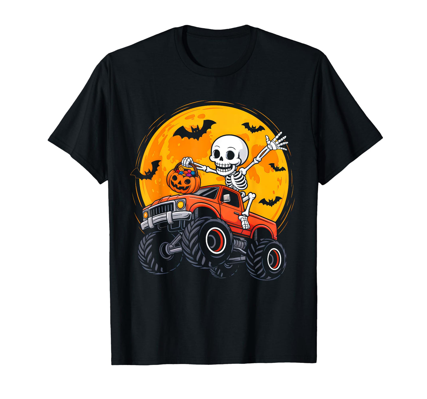 Skeleton Monster Truck Moon Pumpkin Halloween Boys Kids T-Shirt