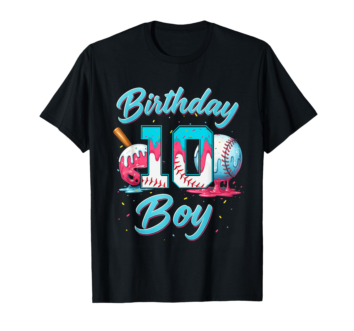 Baseball 10 Year Old Ice Cream Drip 10th Bday Boy Number 10 T-Shirt