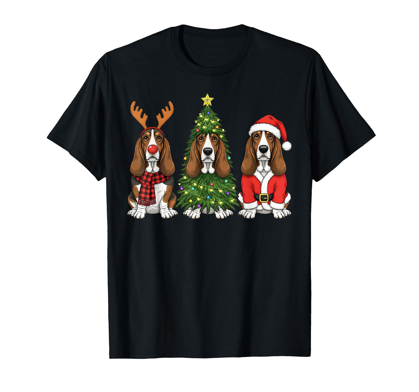 Retro Christmas Basset Hound Santa Reindeer Dog Lover T-Shirt