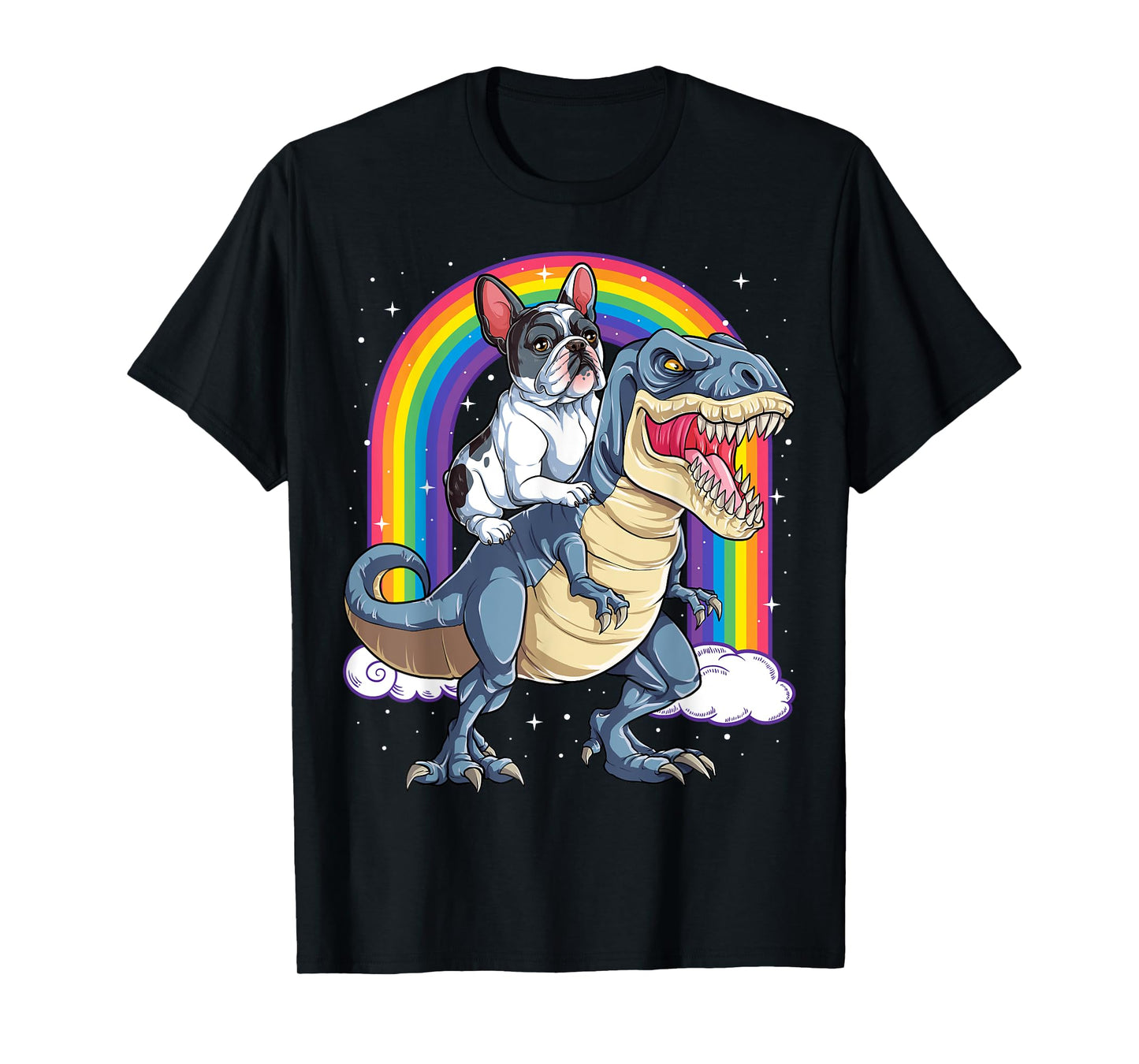 French Bulldog Riding Dinosaur T rex Gifts Boys Kids Rainbow T-Shirt