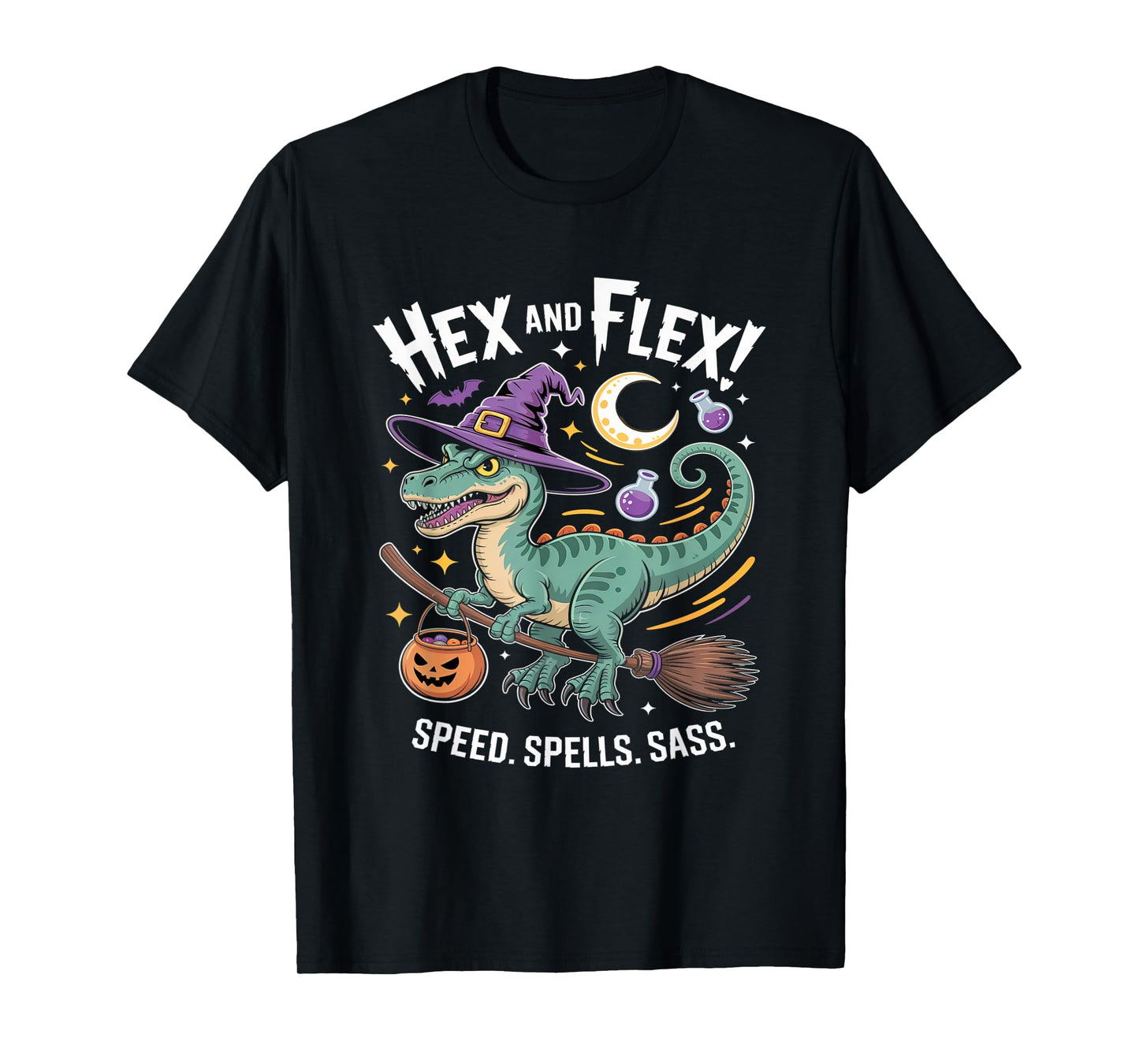 Funny Dino Witch Halloween Hex and Flex Raptor T-Shirt