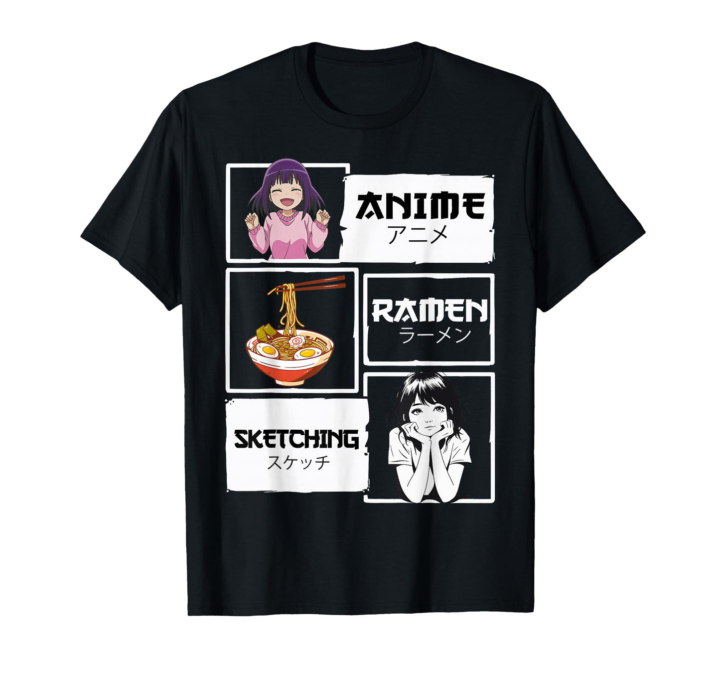 Japan Boba Manga Kawaii Anime Ramen Sketching Unisex-Adult T-Shirt - Black, Small