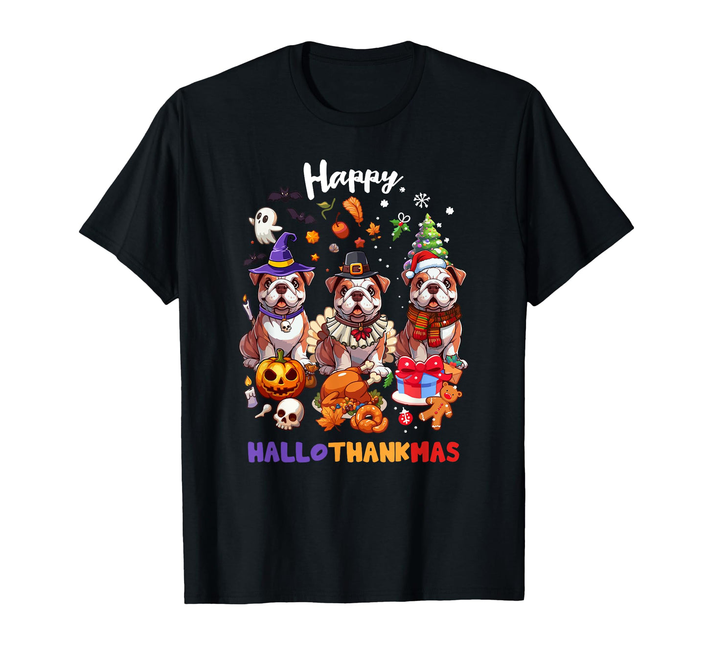 English Bulldog Dog Christmas Happy Hallo-Thankmas Dogs T-Shirt