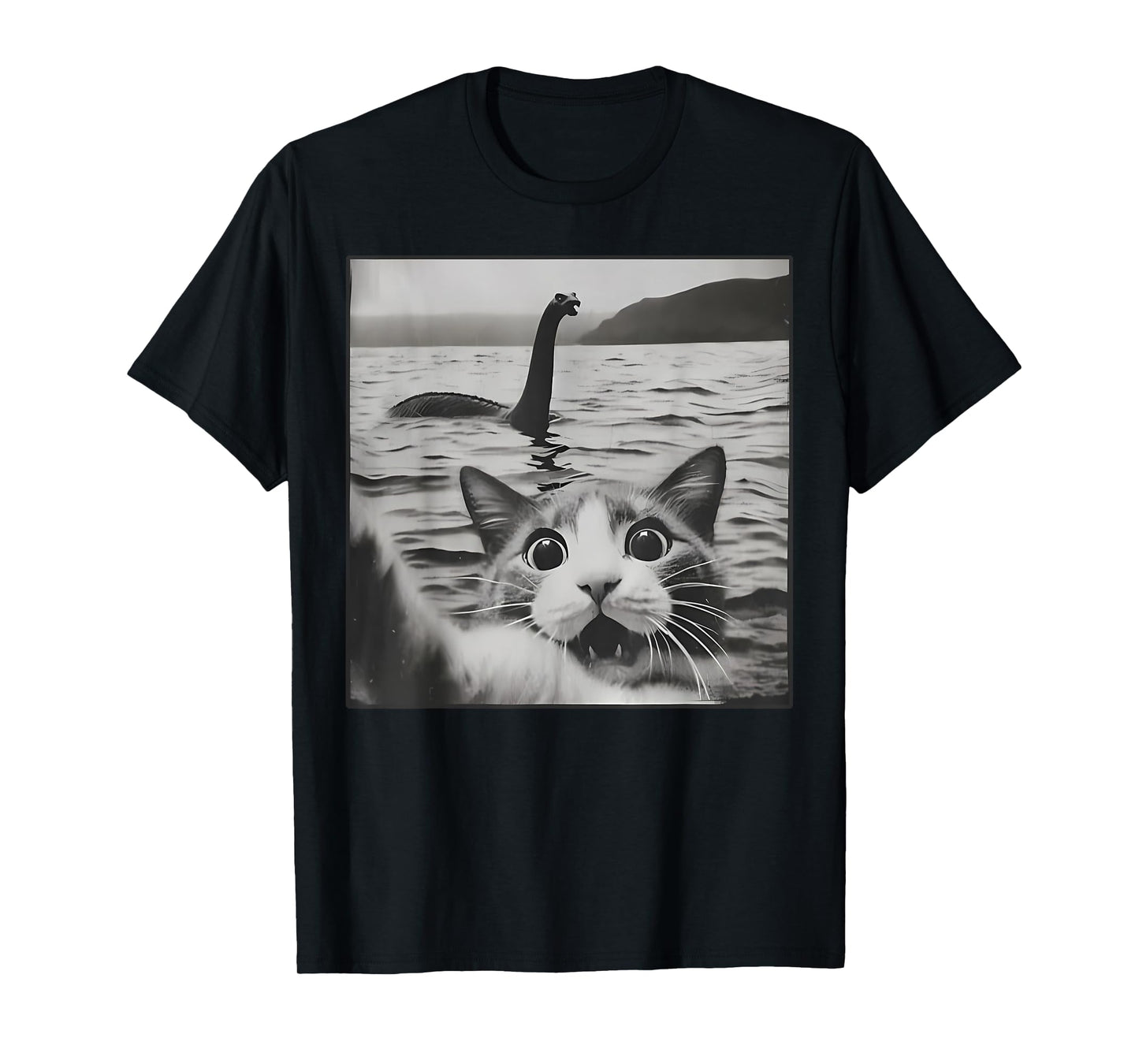Cat Selfie With Loch Ness Monster Funny Cats Men Women Kids T-Shirt