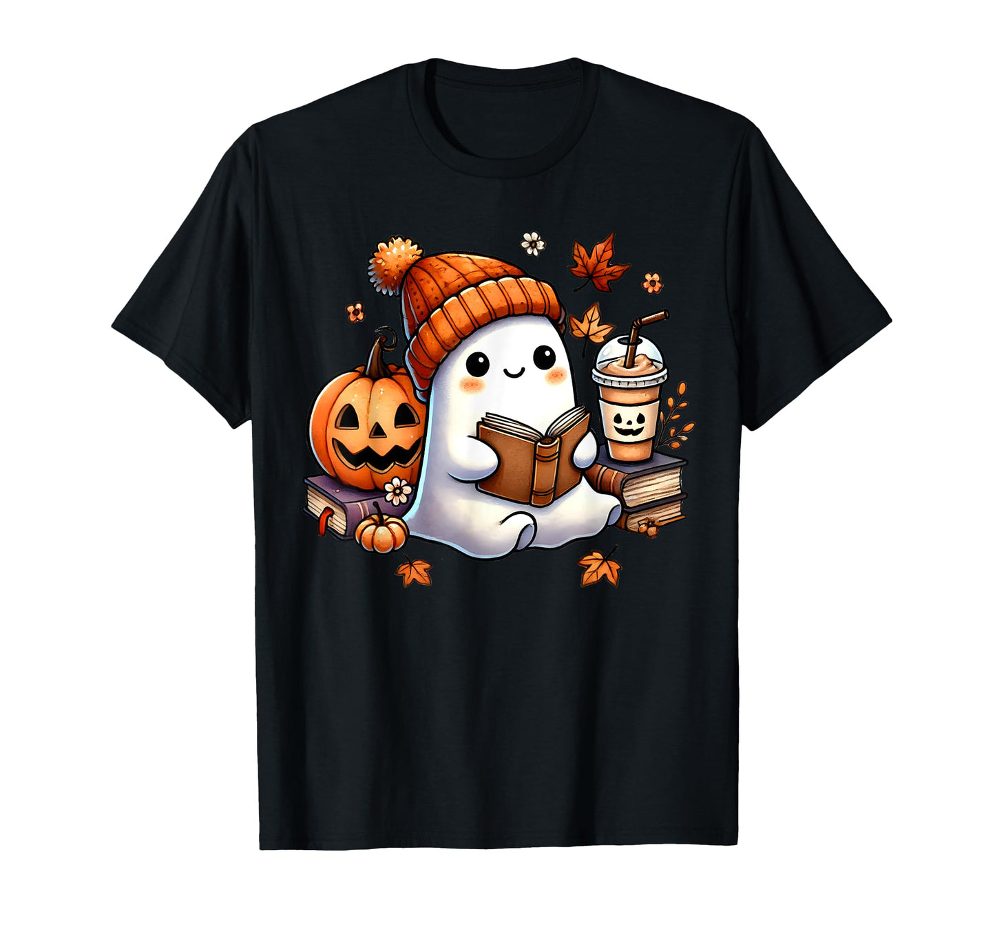 Cute Ghost Reading Book Lovers Halloween Ghost Coffee Women T-Shirt