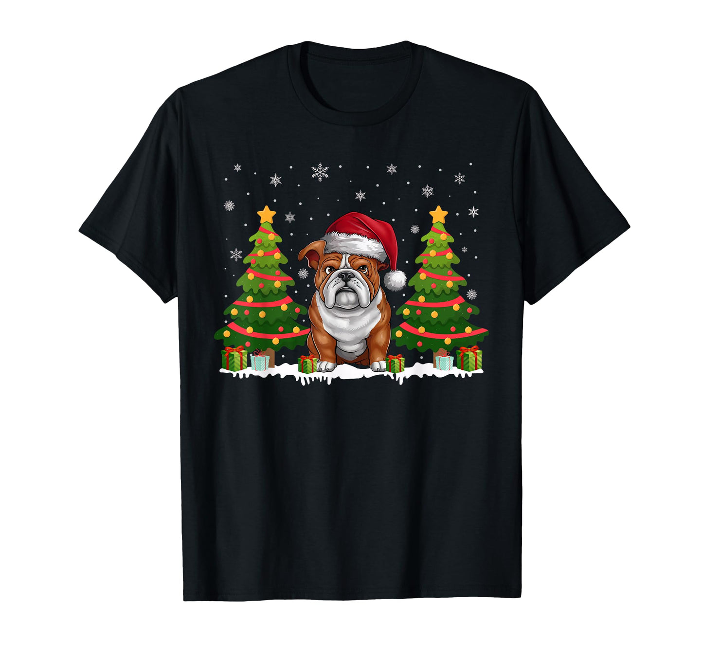 Xmas Tree Lights English Bulldog Santa Hat Christmas Sweater T-Shirt