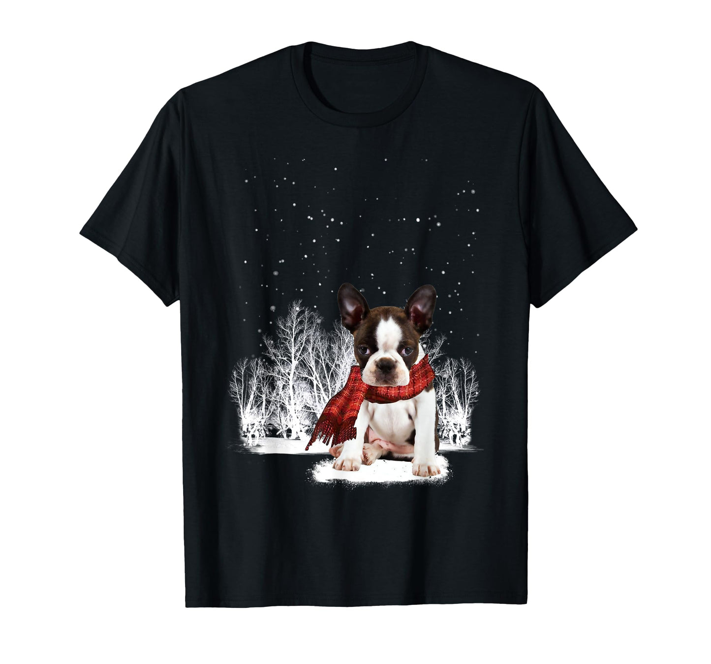 Boston Terrier In The Snow Merry Christmas Winter Gift T-Shirt