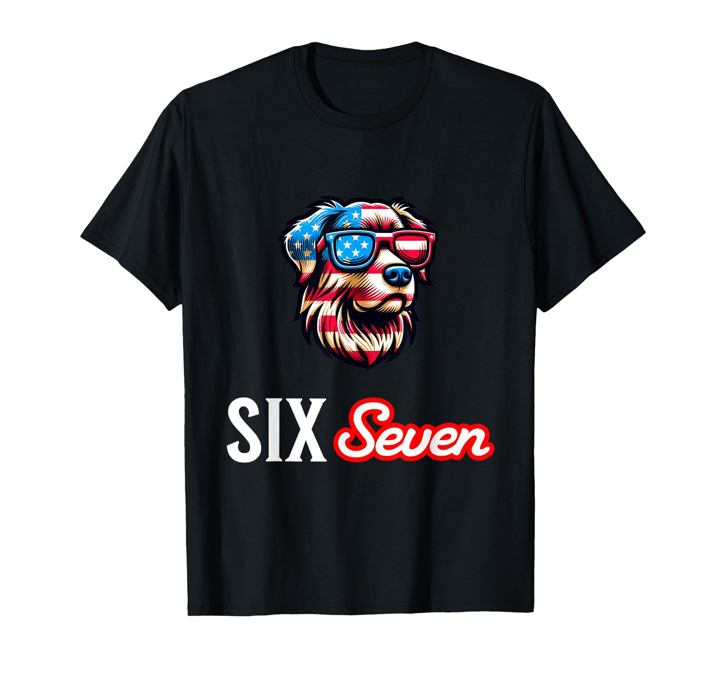 Six Seven Funny Patriotic Dog with USA Flag Glasses 6 7 Meme T-Shirt