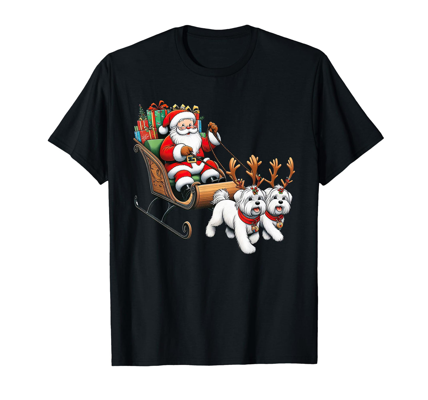 Santa Sleigh Maltese Reindeer Christmas Womens Mens Kids T-Shirt