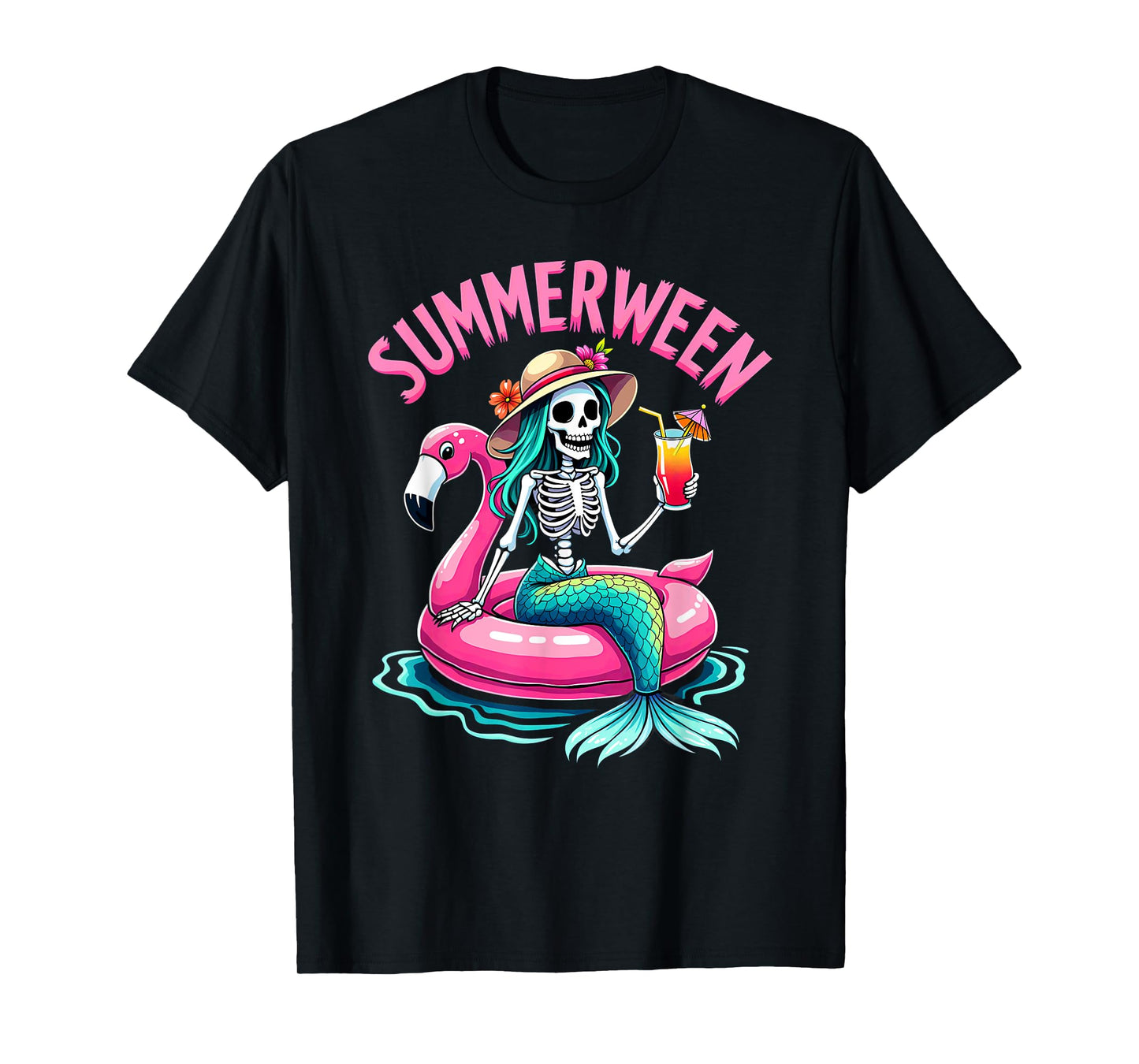 Summerween Mermaid Skeleton Beach Flamingo Halloween Girl T-Shirt