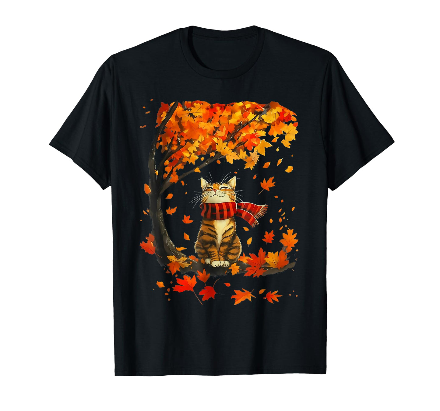 Cute Cat Leaf Fall Tree Hello Autumn Thanksgiving Retro T-Shirt