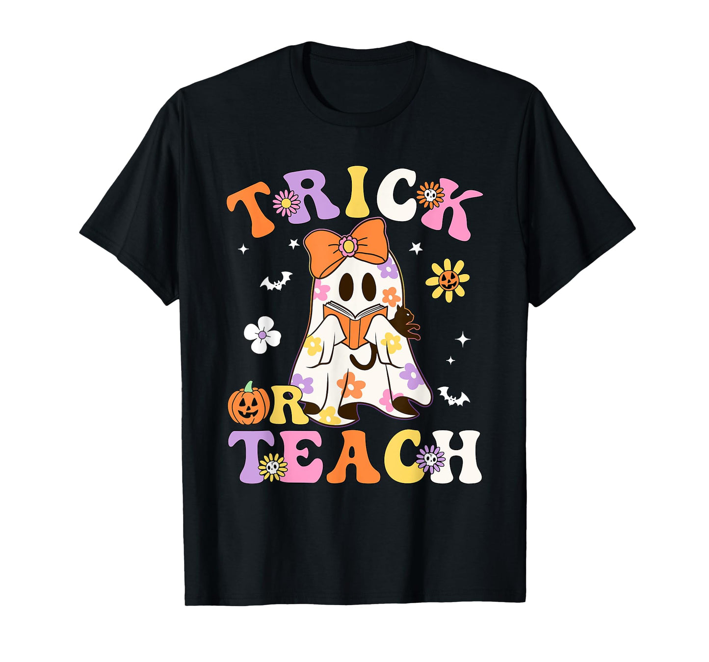Trick or Teach Groovy Halloween Floral Ghost Teacher T-Shirt