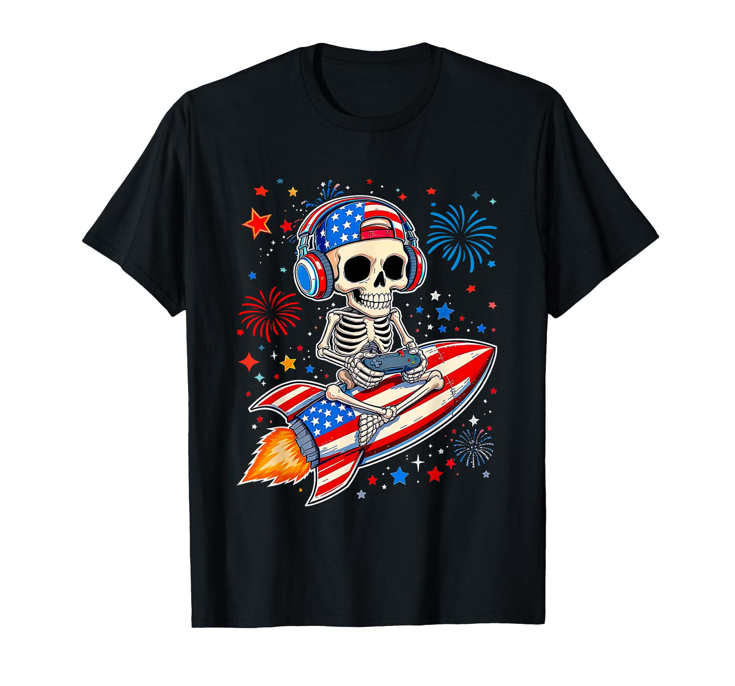 Skeleton Gamer 4th of July American Flag Gaming Boys Kids T-Shirt