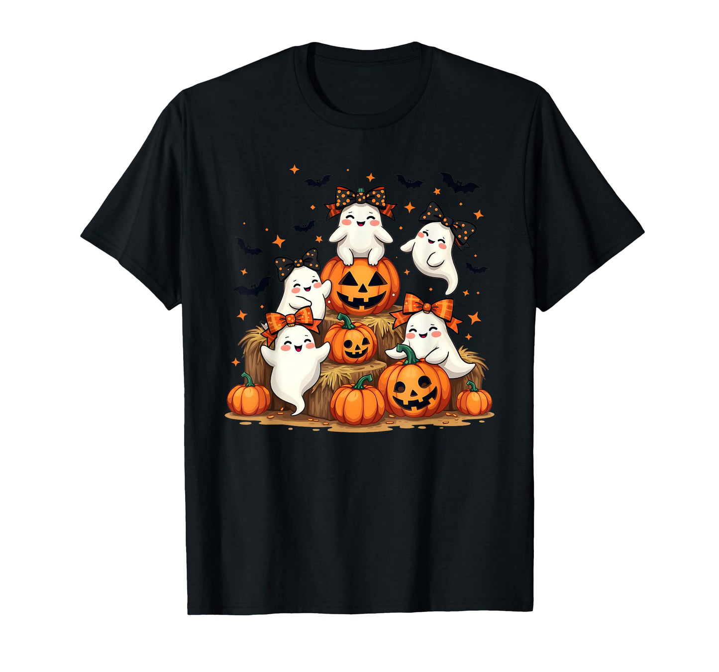Cute Ghosts in Coquette Bows, with Bats and Pumpkins T-Shirt