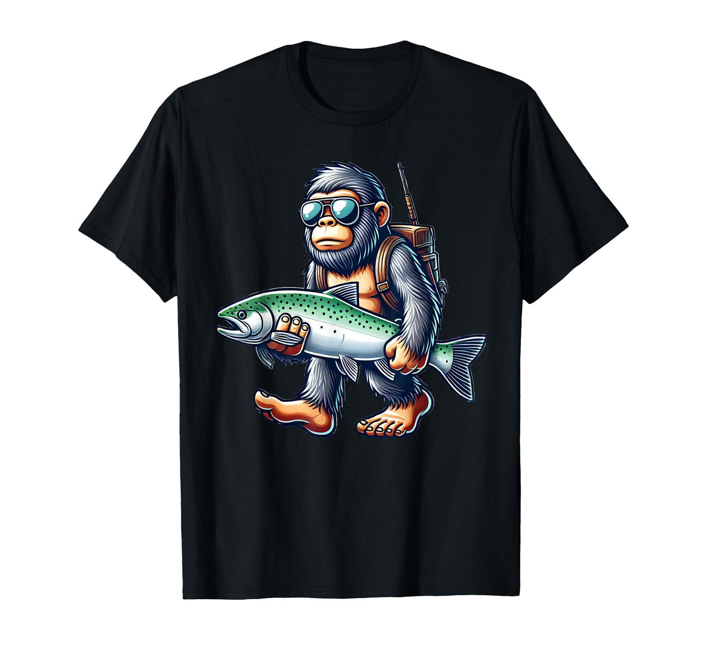 Fishing Bigfoot Lover Gift Co. Steelhead Fishing Bigfoot Trout River Unisex-Adults & Kids T-Shirt, Black, Small, Short Sleeve